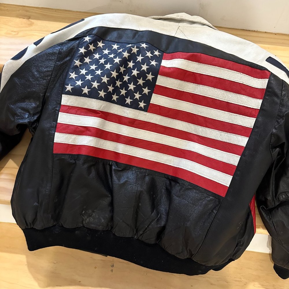 90s Michael Hoban Leather Jacket American Flag Black Red White USA Iconic 90s